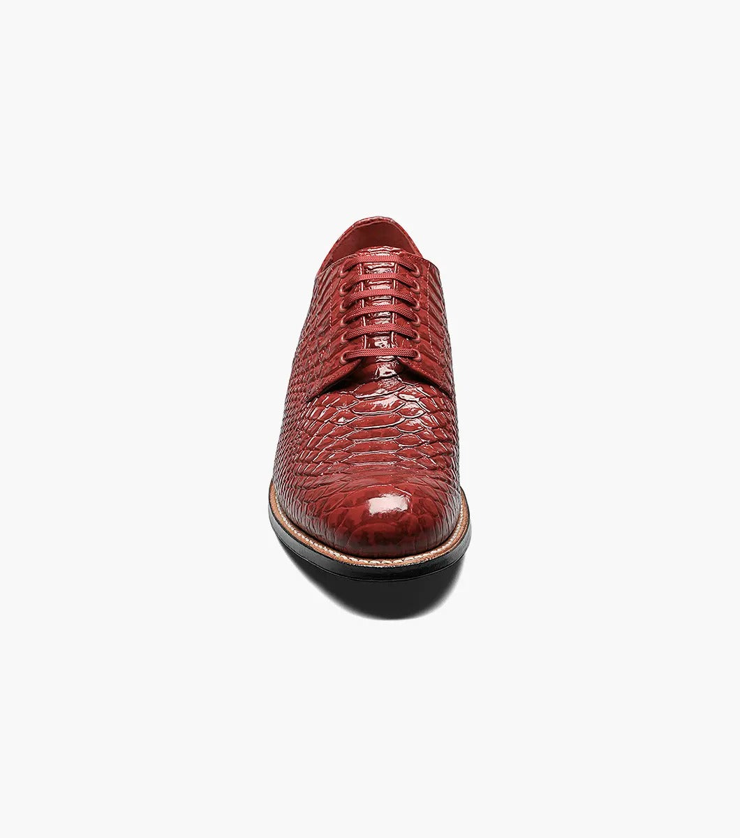 Stacy Adams MADISON Anaconda Plain Toe Oxford in red leather with a black sole, featuring kidskin leather linings, angled view.