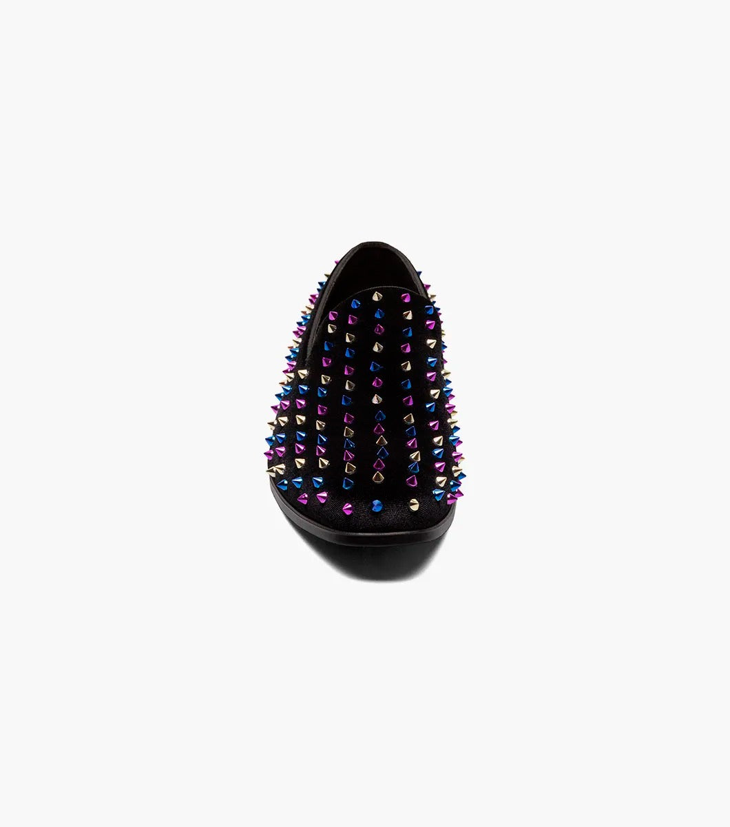 Discover the bold design of the Stacy Adams SPIRE Spiked Slip On in Black/Blue (25532-966). This shoe from STACY ADAMS features vibrant multicolored spikes, a comfortable memory foam insole, and a durable textile upper, seamlessly blending style with practicality.