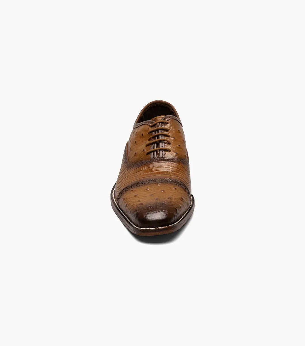 Stacy Adams' RODANO Leather Sole Cap Toe Oxford in Tan, style number 25527-240, is a textured brown leather dress shoe featuring laces and a low heel.