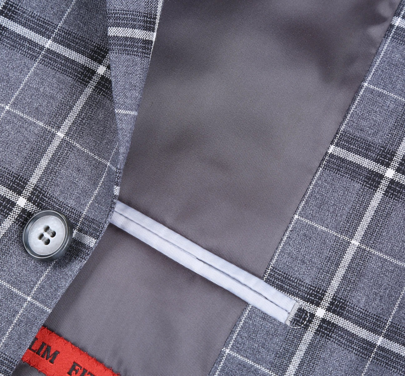 The Alessandro Vitello by Renoir Grey Classic Fit Single Breasted Check Suit 293-14 features a sophisticated gray plaid blazer with a sleek notch lapel, two-button closure, and two front pockets, set against a plain white background.