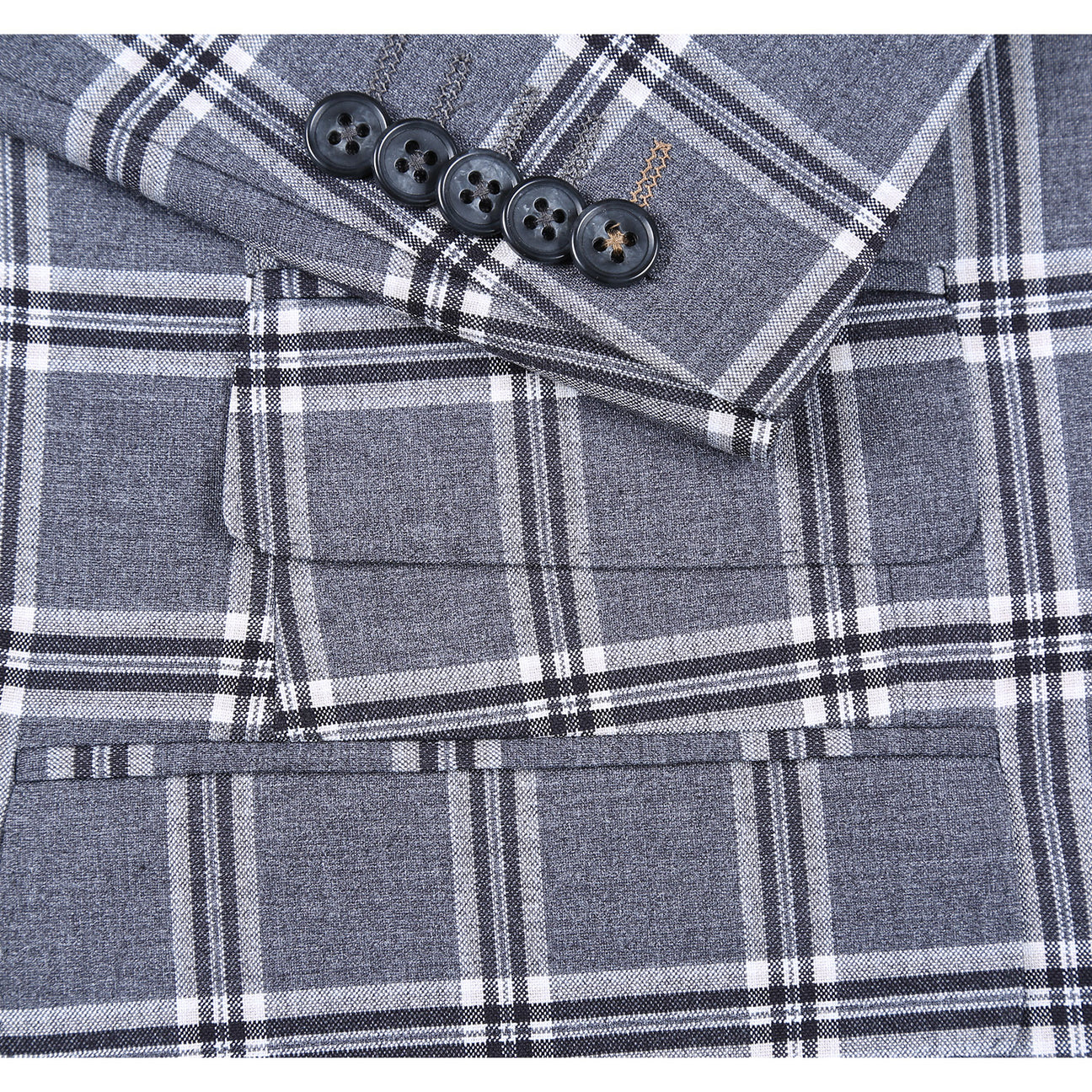 The ENGLISH LAUNDRY Dimgray with White Check Peak Suit 72-60-001 by English Laundry is a slim fit suit jacket in gray plaid, lined with a light blue and white abstract pattern. It features peak lapels, two buttons, and two front pockets.