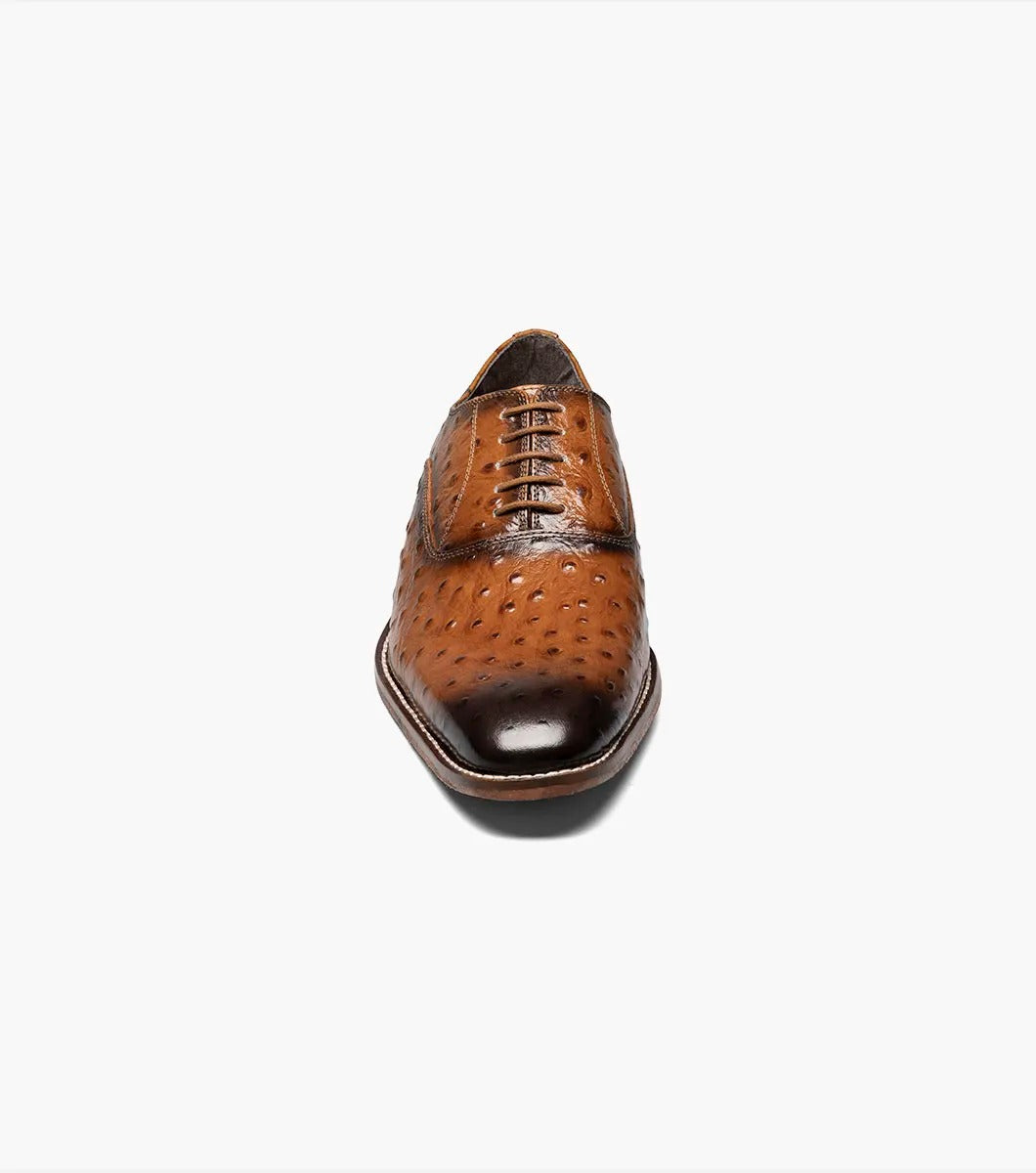 Stacy Adams' ROSELLI Leather Sole Plain Toe Oxford in Tan (25472-240) is crafted with brown leather featuring a glossy finish and ostrich quill texture detail, complete with a low heel, memory foam cushioning, and lace-up closure.