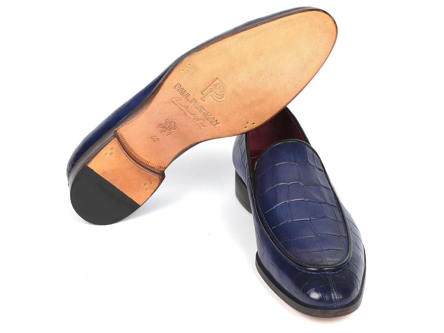 Introducing the Paul Parkman Croco Textured Leather Loafer in Blue (Model 7339-BLU), a luxurious pair of men's loafers made from hand-painted blue croco leather, complete with a low heel and eye-catching red interior lining.