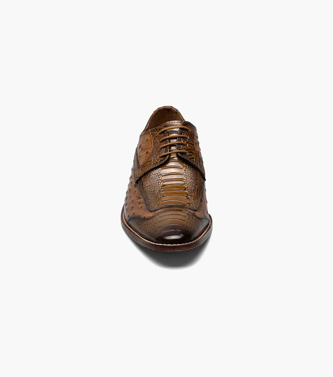 The Stacy Adams - FANELLI Modified Wingtip Oxford in Tan (25536-240) is a classic dress shoe featuring a textured design with laces, a low heel, polished finish, and outstanding arch support.