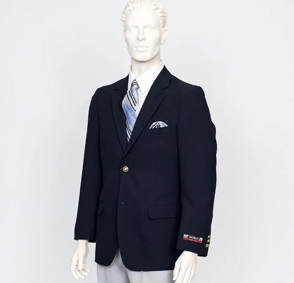 Displayed against a plain background is the Pacelli Solid 2 Button Navy Blazer BLAIR-70001, worn by a mannequin. This elegant blazer from Pacelli features gold buttons and a classic notch lapel, paired with an eye-catching patterned tie and pocket square.