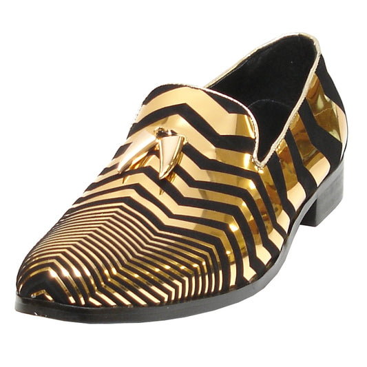 Introducing the FI-6945 Gold Fiesso by Aurelio Garcia loafer from Fiesso. This fashion-forward shoe showcases a black and gold striped design with a pointed toe, enhanced by striking metallic embellishments on top. Crafted with a luxurious leather upper and featuring a cushioned insole for added comfort, it seamlessly blends style with practicality.