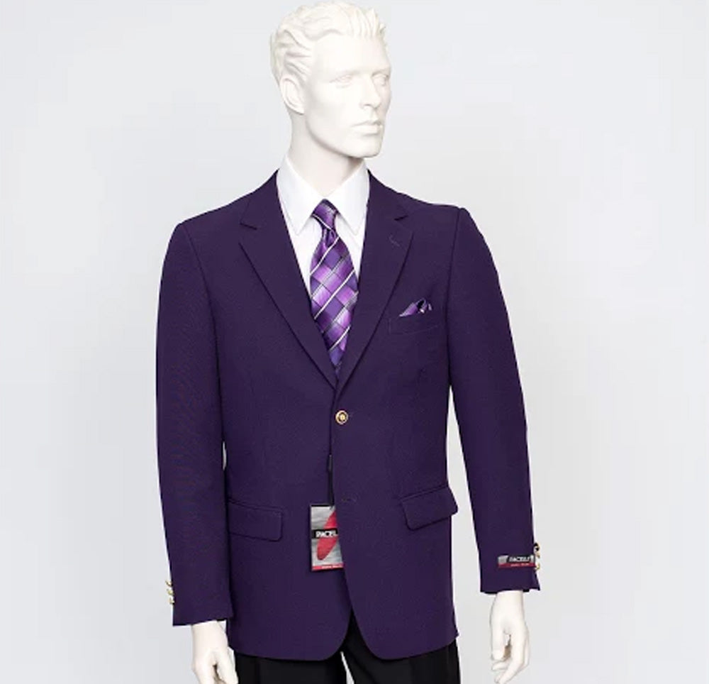 A mannequin is dressed in the Pacelli Solid 2 Button Purple Blazer BLAIR-70049, complete with a matching tie and pocket square. The blazer features gold buttons and a classic notch lapel.