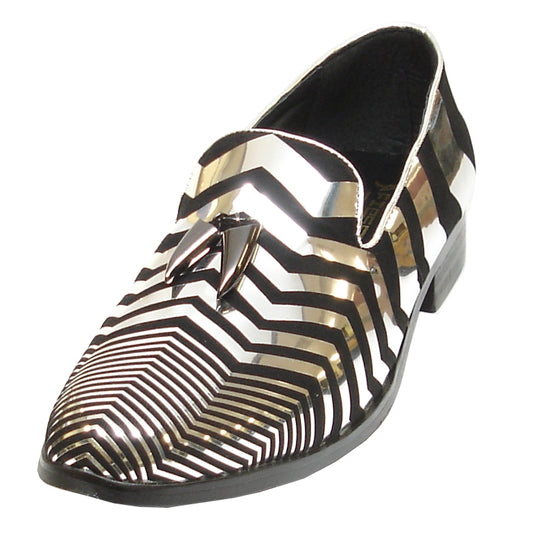 This sleek fashion shoe, FI-6945 Silver Black by Fiesso, boasts a black and metallic zigzag pattern adorned with a metal emblem on top. Designed for an effortlessly stylish slip-on leather experience, it showcases the signature style of Fiesso by Aurelio Garcia.