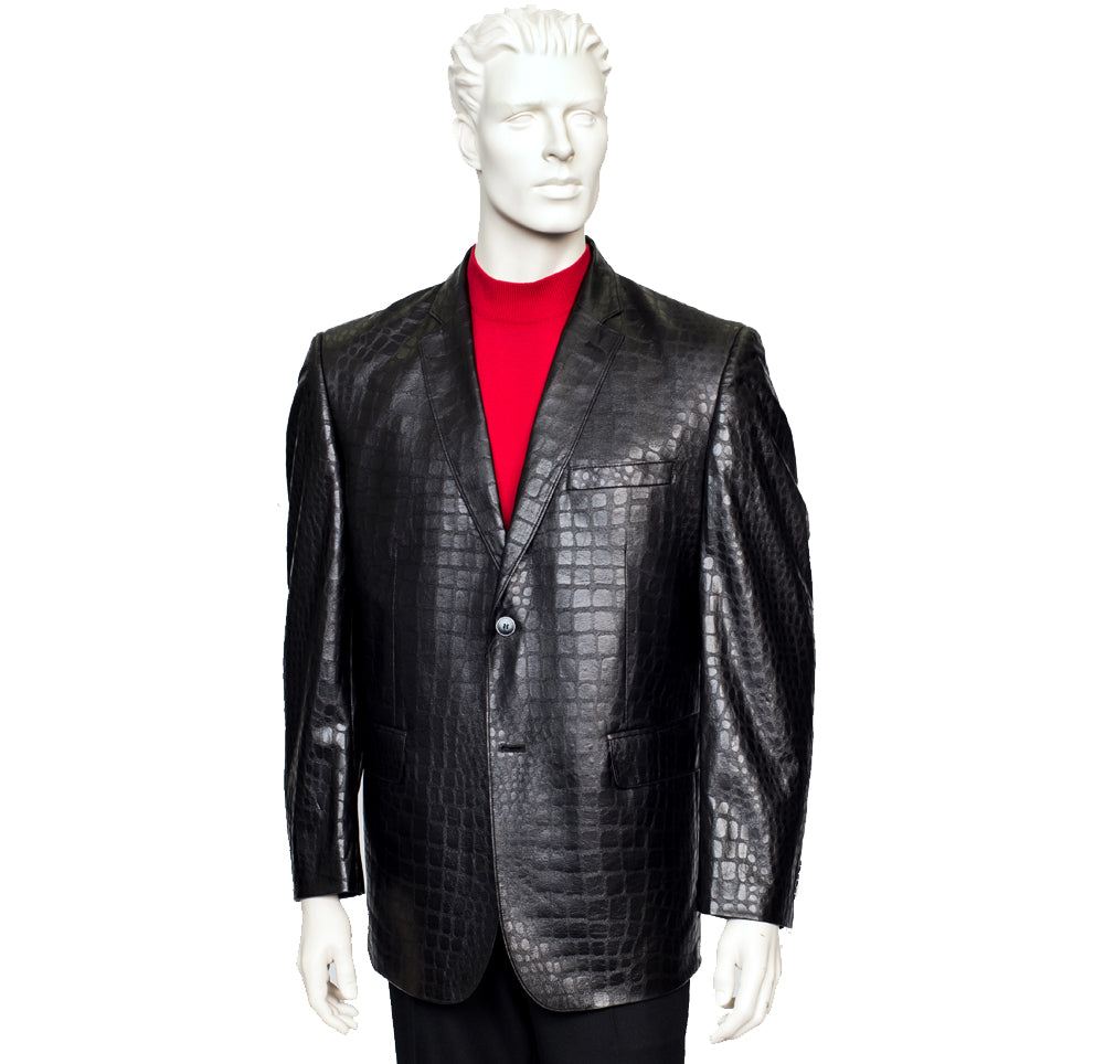 The mannequin displays a Zacchi Mickey Alligator Leatherette Black Jacket (71100), elegantly paired with a red shirt against a pristine white background.