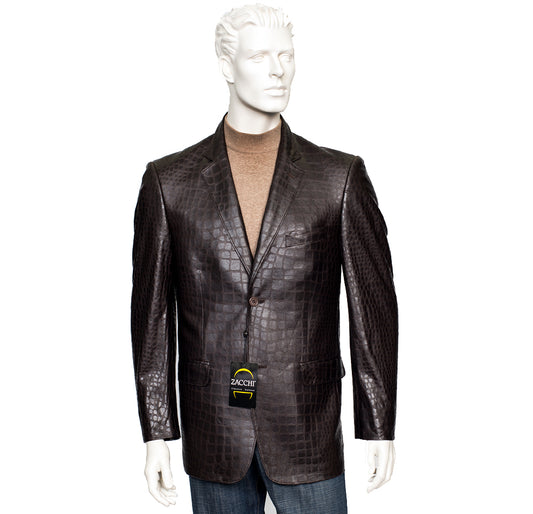 A mannequin displays the Zacchi Mickey Alligator Leatherette Brown Jacket, featuring a dark, textured regular fit blazer design. It is complemented by a beige turtleneck and jeans, with an elegant alligator print tag hanging from the jacket to enhance its sophistication.