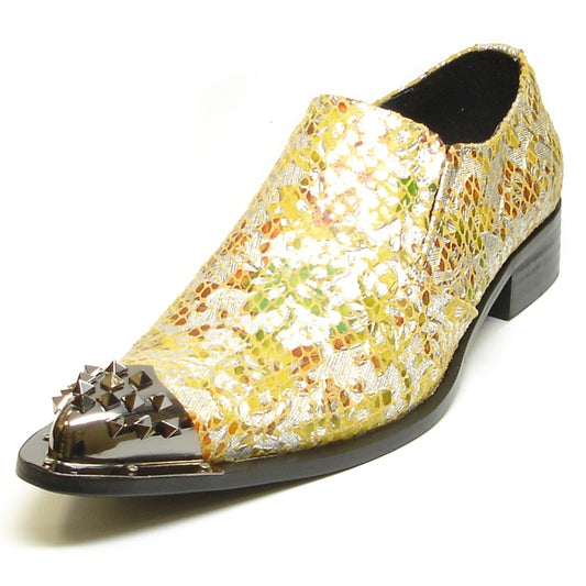 Introducing the FI-6842 Yellow Silver from Fiesso by Aurelio Garcia, a fashion-forward shoe that showcases a patterned slip-on design with a luxurious leather upper. The shoe is elegantly adorned with a gold and multicolored floral motif, complemented by an eye-catching metallic spiked toe cap. It promises comfort with its cushioned insole.