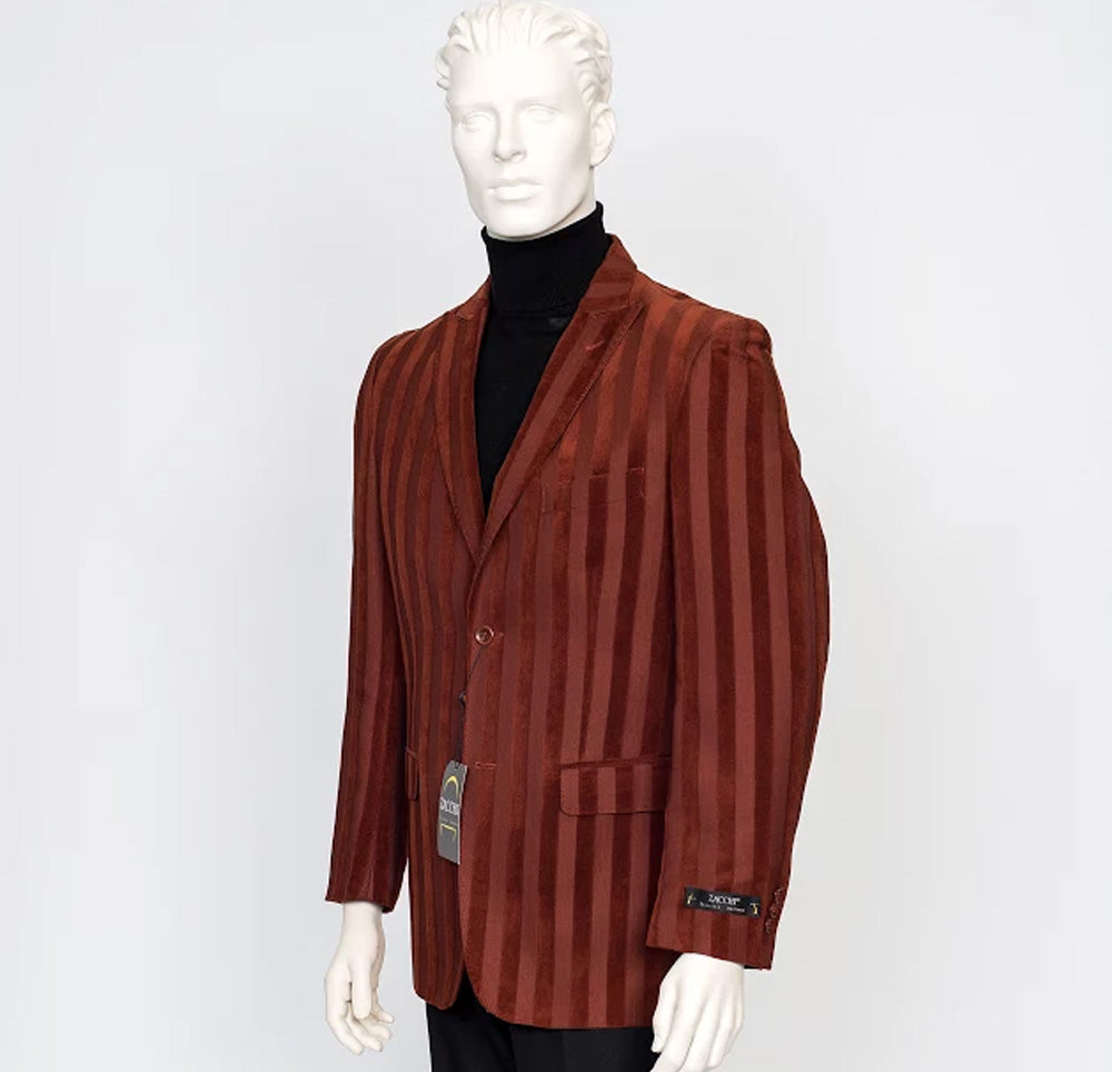 A mannequin showcases the ZACCHI Zacchi Velour Sport Jacket Copper TERRI-71609, featuring brown vertical stripes and side vents, layered over a black turtleneck against a crisp white background.