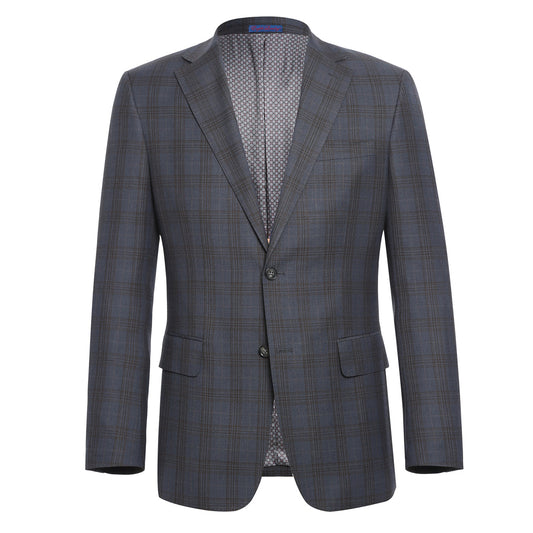 Displayed on a white background, the ENGLISH LAUNDRY Gray with Tan Check Notch Suit 72-55-555 from English Laundry's men's stylish suit collection boasts a two-button closure and side pockets, combining classic style with modern functionality.