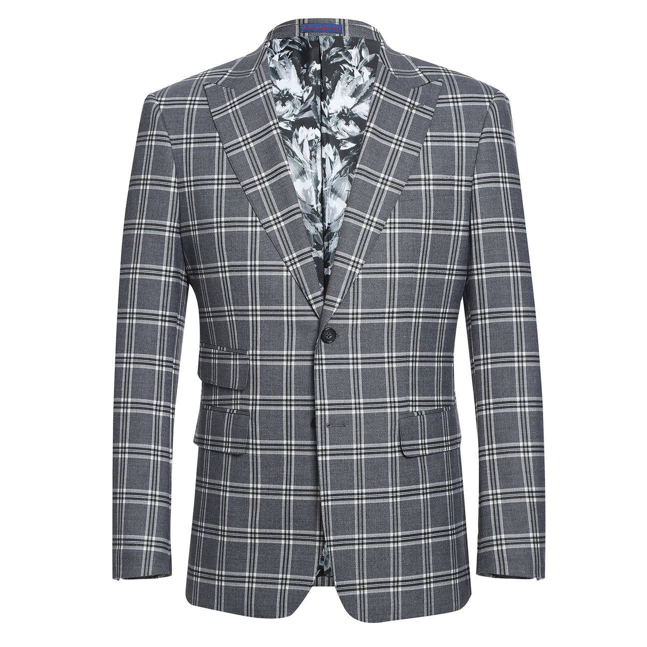 The ENGLISH LAUNDRY Dimgray with White Check Peak Suit 72-60-001 by English Laundry is a slim fit suit jacket in gray plaid, lined with a light blue and white abstract pattern. It features peak lapels, two buttons, and two front pockets.