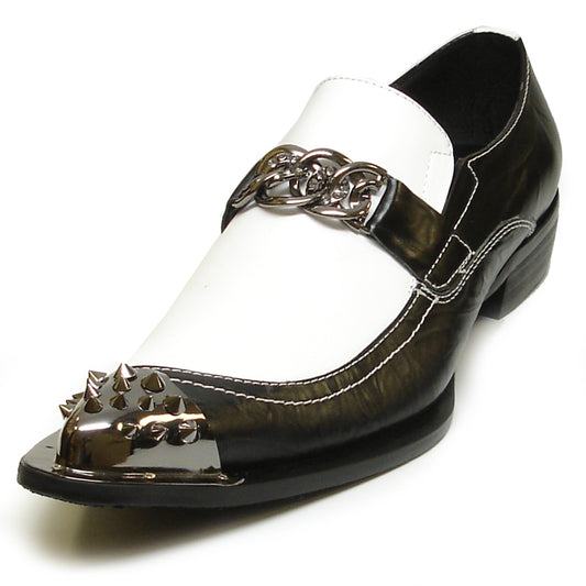 The FI-6827 Black White Fiesso by Aurelio Garcia from Fiesso is a stylish loafer featuring a leather upper with a silver spiked toe and chain decoration on the front. It offers both fashion and comfort with its cushioned insole.