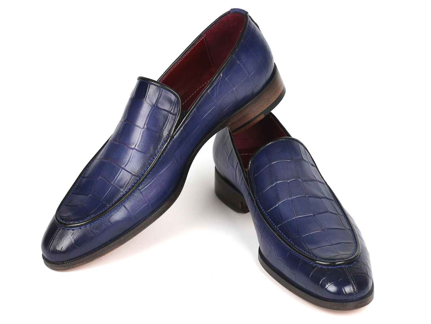 Introducing the Paul Parkman Croco Textured Leather Loafer in Blue (Model 7339-BLU), a luxurious pair of men's loafers made from hand-painted blue croco leather, complete with a low heel and eye-catching red interior lining.