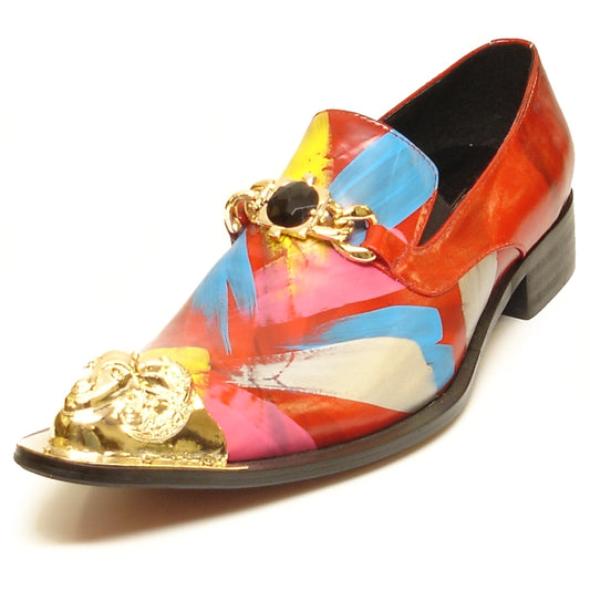 The FI-6950 Red Fiesso by Aurelio Garcia shoe from the Fiesso brand features a vibrant leather upper with abstract designs in red, blue, and yellow. It includes a gold chain embellished with a black jewel on the upper and has a gold decorative tip, making it the perfect fashion piece for making bold statements.