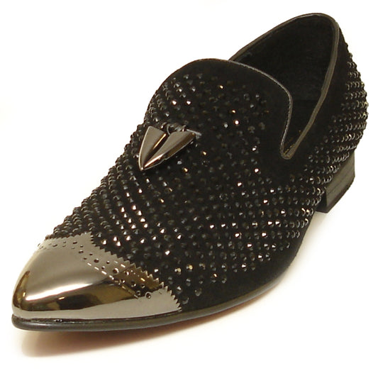 FI-6968 Black Fiesso by Aurelio Garcia loafer featuring a leather upper, cushioned insole for enhanced comfort, metallic pointed toe, and a decorative emblem on the top.