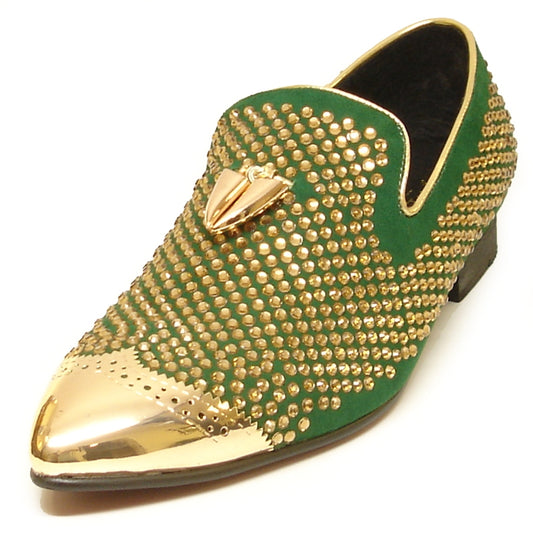 The FI-6968 Green Fiesso by Aurelio Garcia slip-on leather shoe shines with its rich green exterior, embellished with gold studs, a bold gold toe cap, and a decorative gold emblem on top. This Fiesso fashion shoe embodies luxury in every step.