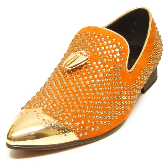 This fashion-forward FI-6968 Orange Fiesso by Aurelio Garcia shoe from the brand Fiesso showcases a meticulously crafted leather upper, embellished with studs and featuring a striking gold metallic toe and emblem. It also includes a cushioned insole for unparalleled comfort.