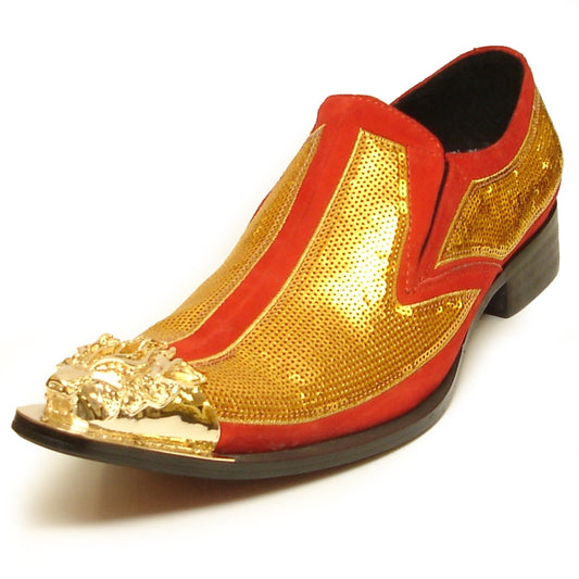 The FI-6983 Red Gold Metal Tip Fiesso by Aurelio Garcia, a shoe from the Fiesso brand, showcases a gold and red sequined design complemented by a decorative golden metallic toe cap and a comfortable cushioned insole.