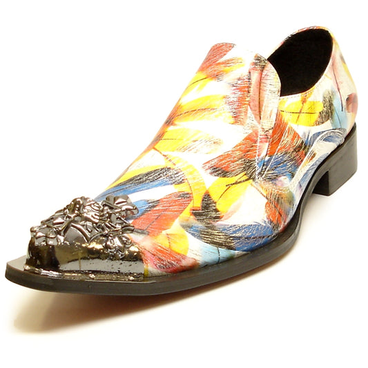 Slip-on fashion shoe with a blue, red, and yellow feather pattern and metallic floral ornament on the toe, featuring a luxurious leather upper by Fiesso. Product name: FI-6984 Blue Red Yellow Fiesso by Aurelio Garcia.