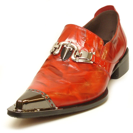 The FI-6989 Red Metal Tip Fiesso by Aurelio Garcia from Fiesso is a fashionable slip-on shoe featuring a shiny red leather upper, a pointed black toe, and a sleek silver metal embellishment across the top. It comes with a cushioned insole for added comfort.