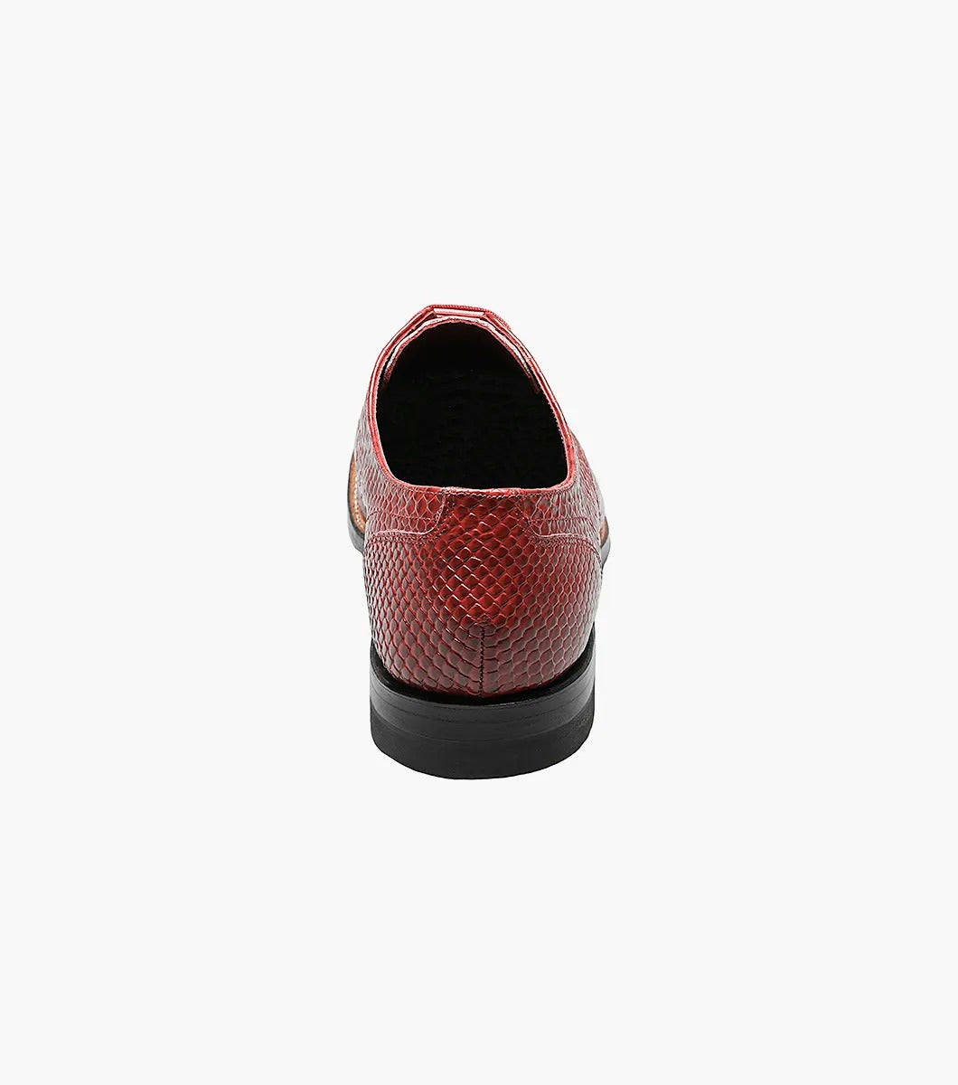 Stacy Adams MADISON Anaconda Plain Toe Oxford in red leather with a black sole, featuring kidskin leather linings, angled view.