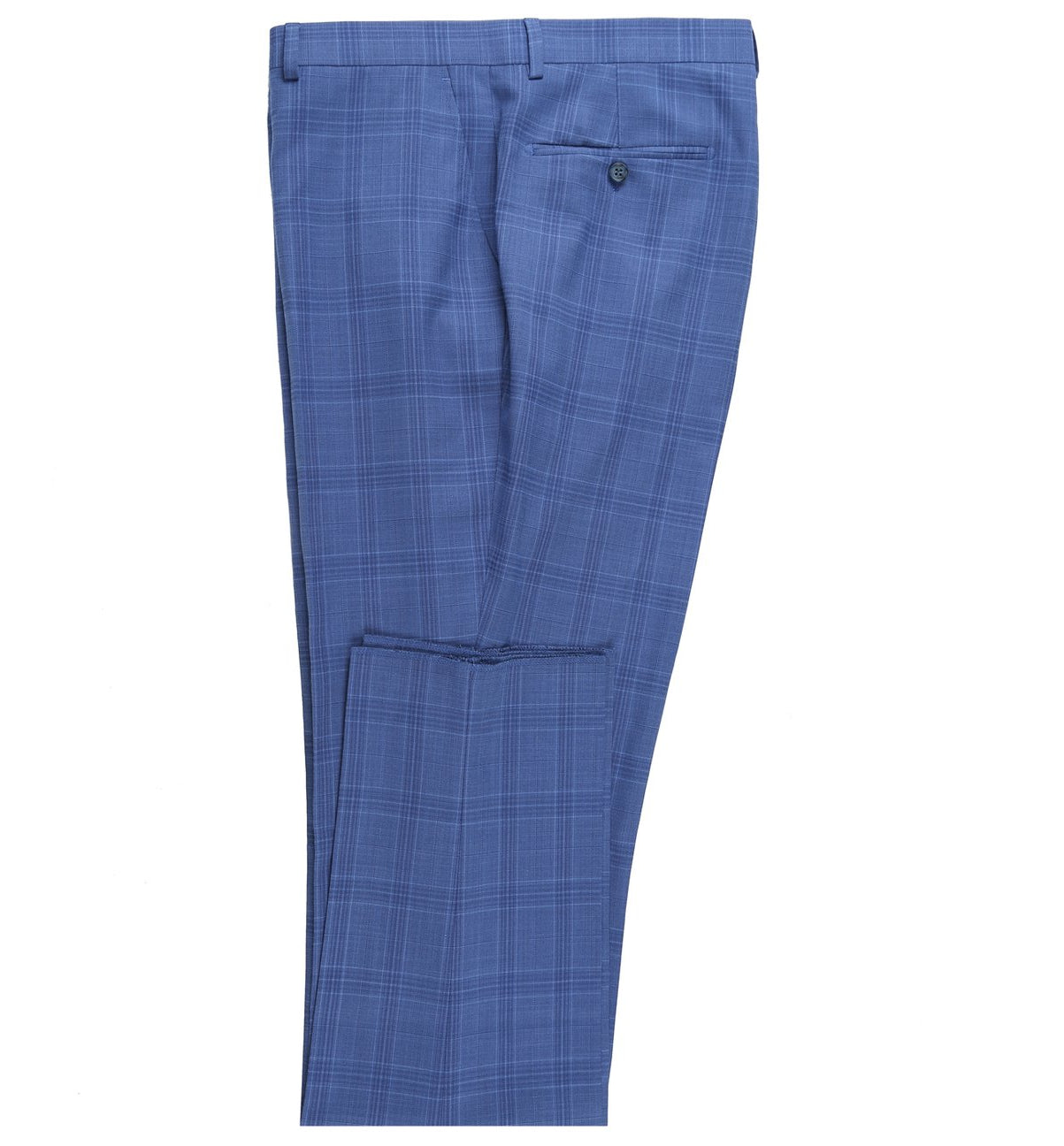 Displayed on a mannequin is the Alessandro Vitello by Renoir Blue 2-Piece Slim Fit Windowpane Check Dress Stretch Suit, model 293-10, complemented by a white dress shirt and a blue striped tie. Ideal for special occasions, this outfit seamlessly blends style and elegance.