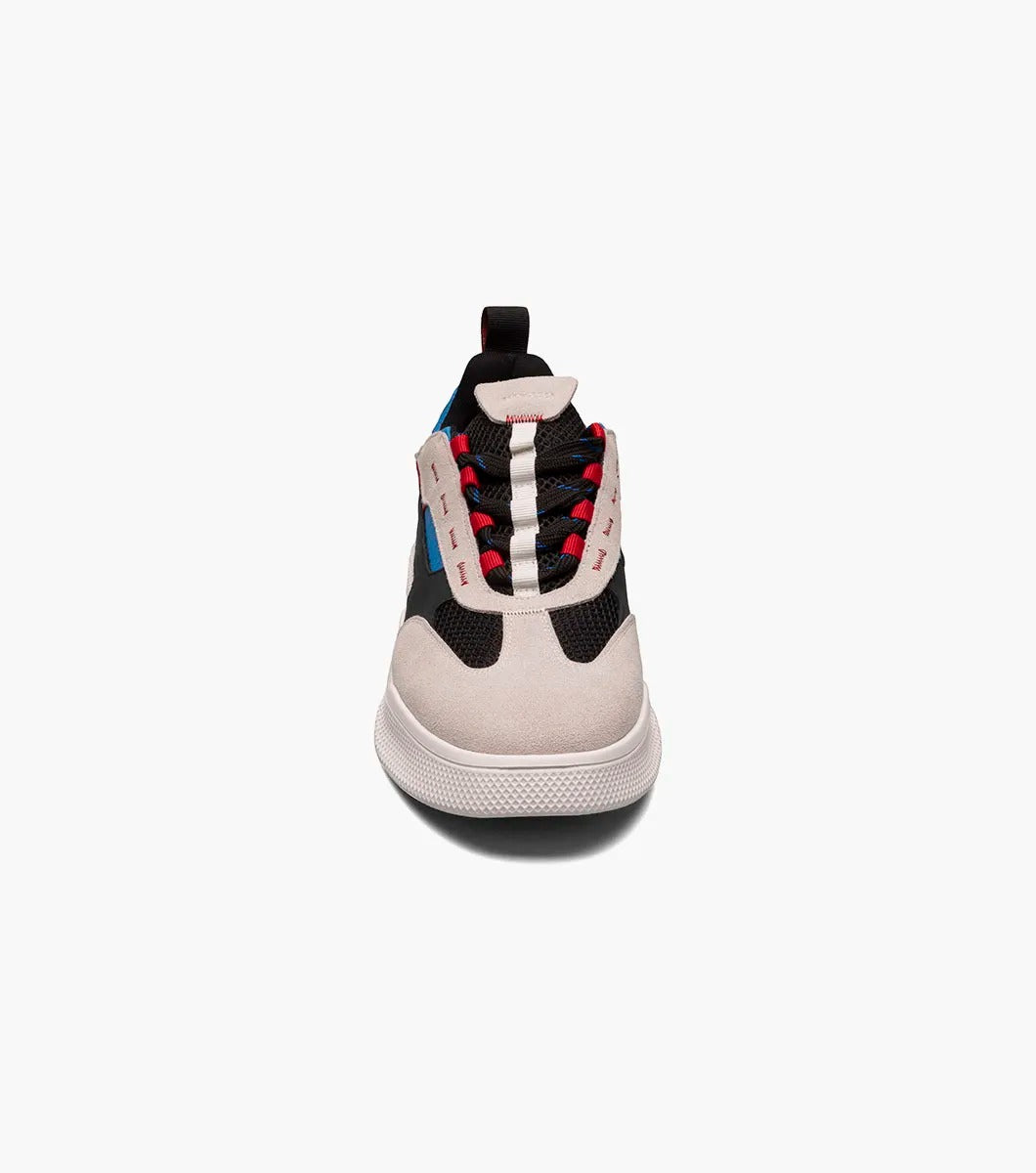 The Stacy Adams Ventura T-Toe Lace Up Sneaker in Chalk Blue Multi (25514-129) from STACY ADAMS boasts a woven black upper with mesh detailing and beige, black, blue, and red accents, along with a white RedZone Footbed.