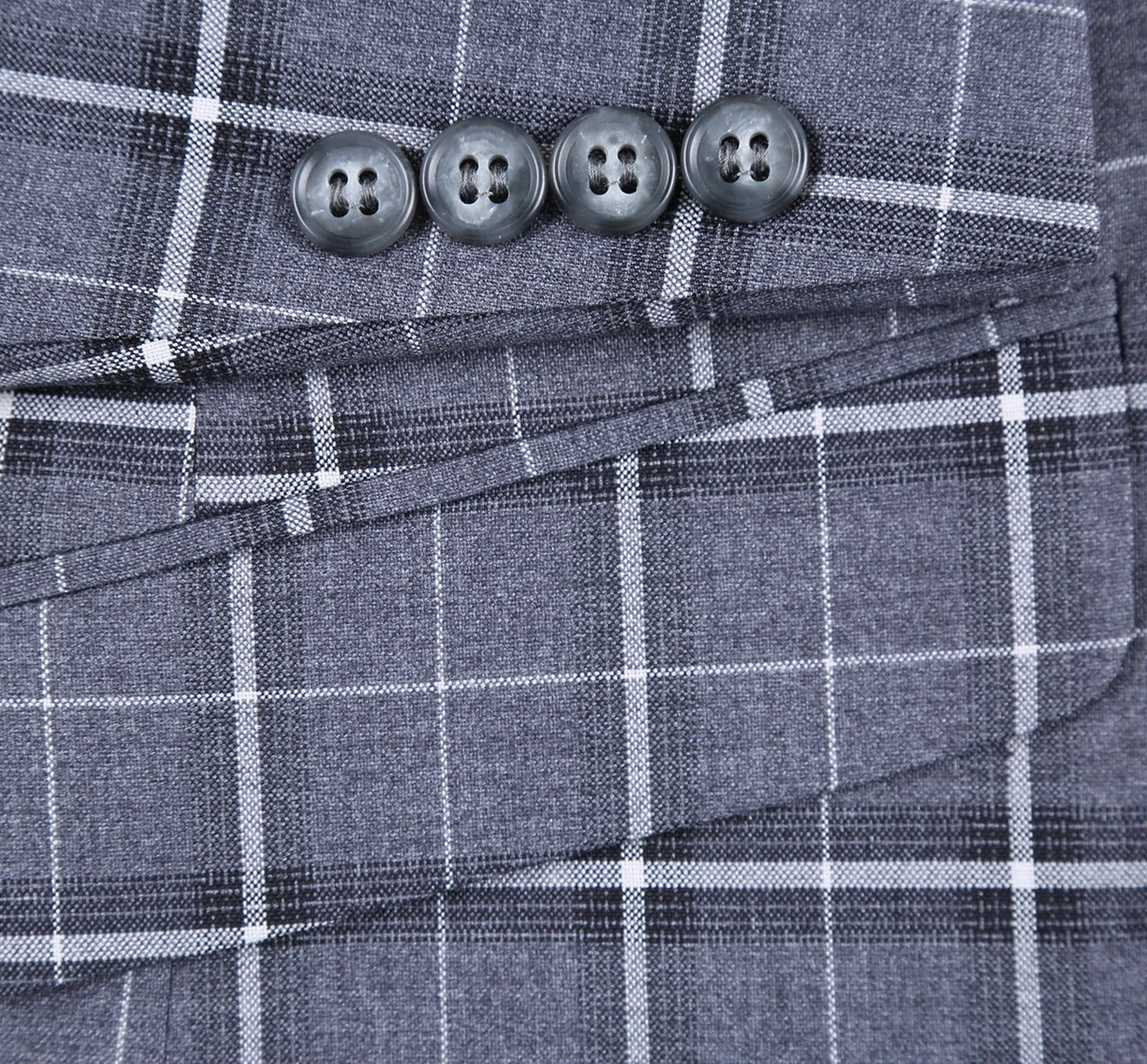 The Alessandro Vitello by Renoir Grey Classic Fit Single Breasted Check Suit 293-14 features a sophisticated gray plaid blazer with a sleek notch lapel, two-button closure, and two front pockets, set against a plain white background.