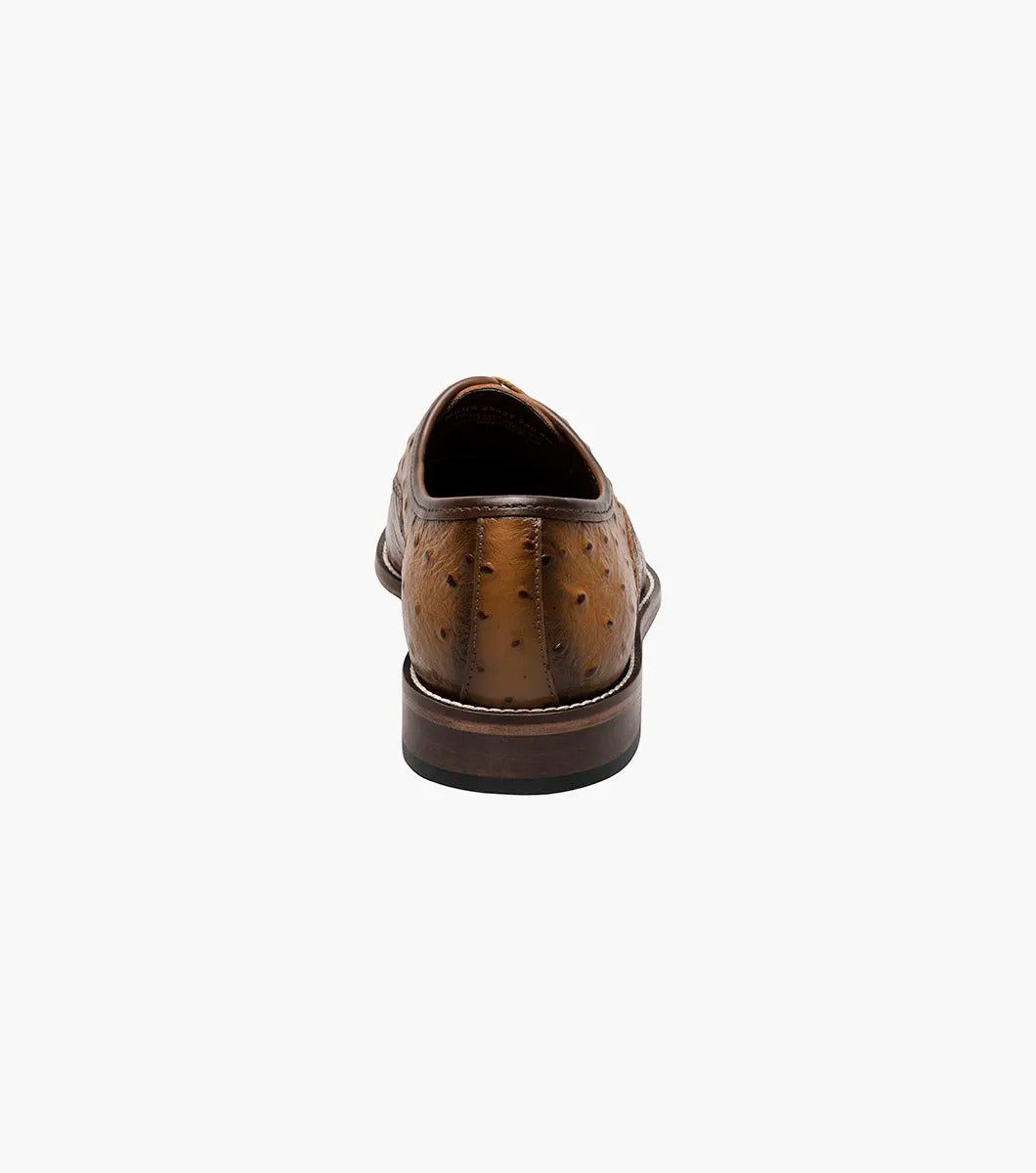 Stacy Adams' RODANO Leather Sole Cap Toe Oxford in Tan, style number 25527-240, is a textured brown leather dress shoe featuring laces and a low heel.