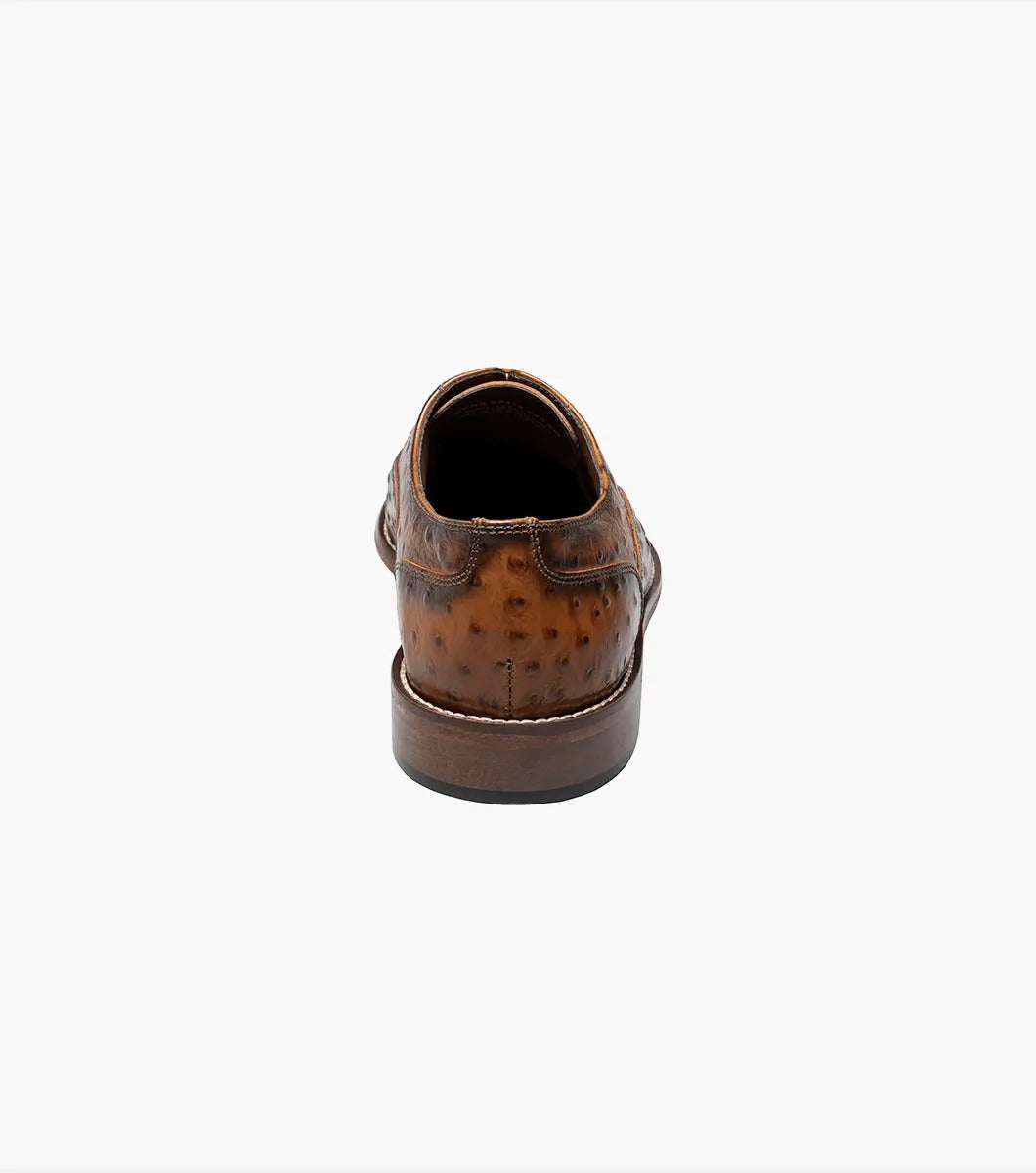 Stacy Adams' ROSELLI Leather Sole Plain Toe Oxford in Tan (25472-240) is crafted with brown leather featuring a glossy finish and ostrich quill texture detail, complete with a low heel, memory foam cushioning, and lace-up closure.