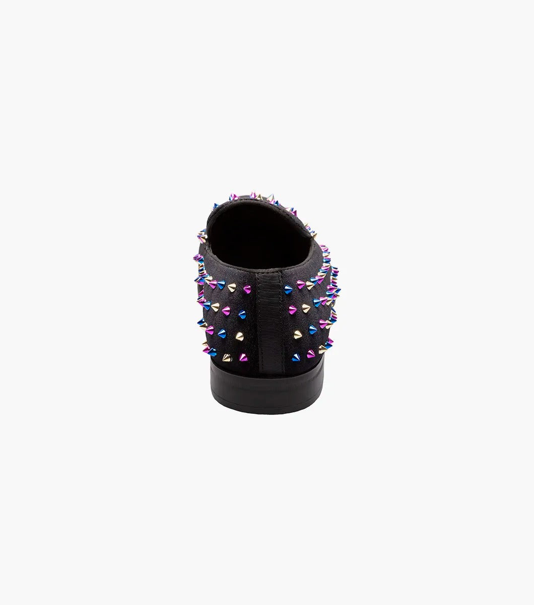 Discover the bold design of the Stacy Adams SPIRE Spiked Slip On in Black/Blue (25532-966). This shoe from STACY ADAMS features vibrant multicolored spikes, a comfortable memory foam insole, and a durable textile upper, seamlessly blending style with practicality.