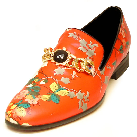 The FI-7054 Red Fiesso by Aurelio Garcia shoe from the Fiesso brand is a red floral-patterned fashion statement featuring a leather upper, embellished with a gold chain and black jewel decoration.