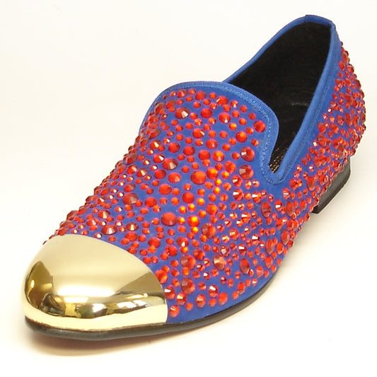 Experience the stylish FI-6918 Blue Red Fiesso by Aurelio Garcia from the renowned Fiesso brand, featuring a fashion-forward slip-on design with a blue leather upper embellished with eye-catching red sequins and a shiny gold metal tip.