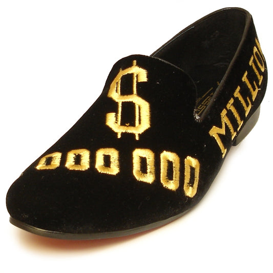 The FI-7063 Black Gold Fiesso by Aurelio Garcia is a stylish shoe that features a black velvet upper adorned with gold embroidery of a dollar sign, "000 000," and "MILLION." Designed by the renowned brand Fiesso, it also includes a cushioned insole to provide comfort with every step.