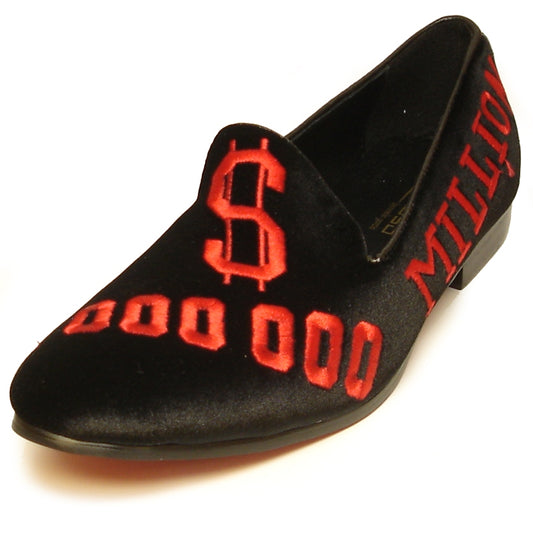 The FI-7063 Black Red Fiesso by Aurelio Garcia, crafted by Fiesso, is a slip-on velvet loafer adorned with red embroidery featuring a dollar sign and the word "MILLION" with numbers. This stylish fashion shoe also provides a cushioned insole for enhanced comfort and style.