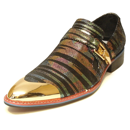 Introducing the FI-7001-2 Pink Gold Metal Tip Fiesso by Aurelio Garcia, a chic slip-on shoe from Fiesso that showcases a vibrant multicolored design accompanied by a polished gold metallic toe and eye-catching metal embellishment on the side. Crafted with a leather upper and cushioned insole, this shoe offers an effortless blend of style and comfort.