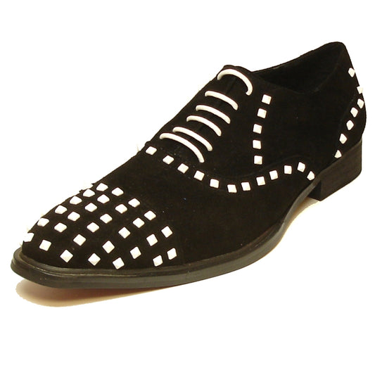 Introducing the FI-7010 Black White Fiesso by Aurelio Garcia from the renowned brand Fiesso. This fashion-forward shoe features a black suede oxford design with a leather upper, adorned with striking white square studs and complemented by stylish white laces. It also offers a cushioned insole to ensure maximum comfort.