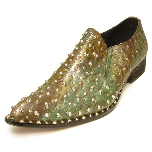 The FI-7011 Green Fiesso by Aurelio Garcia is a brown and green slip-on leather shoe adorned with silver studs, offering additional comfort with its cushioned insole.