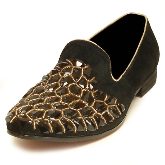 The FI-7023 Black fashion shoe from the distinguished Fiesso collection by Aurelio Garcia showcases a pointed toe design with a leather upper complemented by intricate gold and black geometric embellishments.