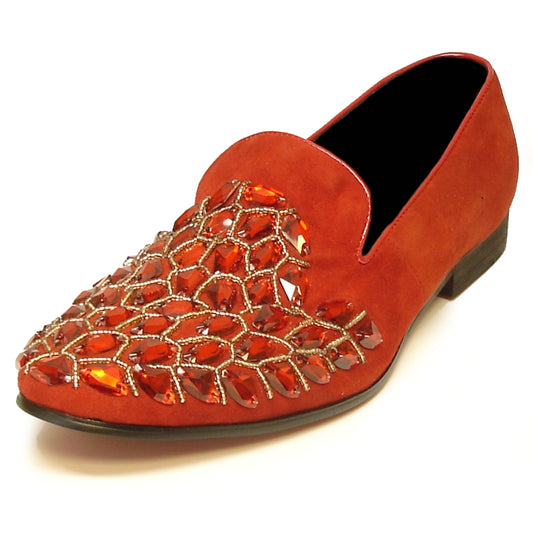 Introducing the FI-7023 Red Fiesso by Aurelio Garcia, a stunning creation from Fiesso that captivates with its vibrant red suede finish and exquisite orange gemstone adornments on the leather upper.