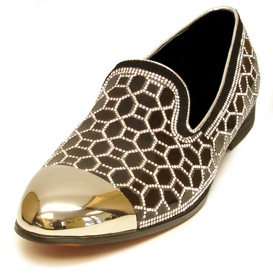 The FI-7024 Black Fiesso by Aurelio Garcia is a stylish slip-on fashion shoe from Fiesso, featuring a leather upper adorned with a metallic toe cap and an intricate hexagonal rhinestone pattern.