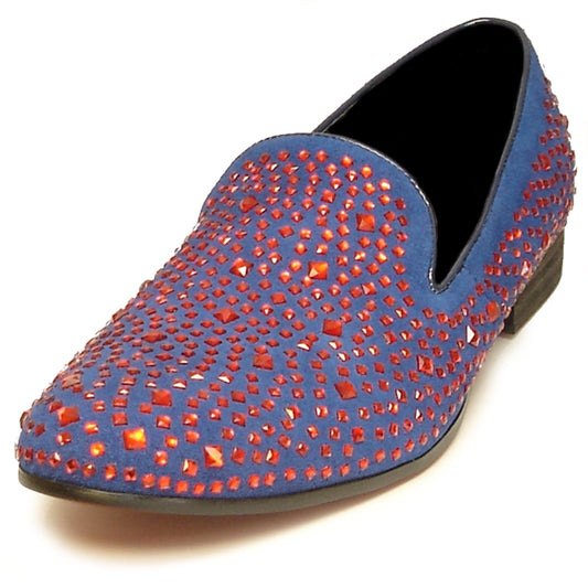 Introducing the FI-7027 Blue Red fashion shoe by Fiesso, this stylish loafer features an elegant leather upper in blue adorned with red rhinestones, complemented by a low heel and rounded toe design.