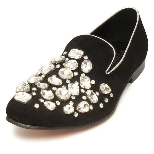 This fashion shoe, the FI-7034 Black by Fiesso, is elegantly adorned with large clear rhinestones.