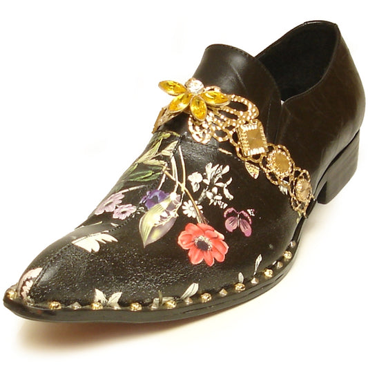 Introducing the exquisite FI-7046 Black Fiesso by Aurelio Garcia, a perfect choice for high fashion enthusiasts. This black leather shoe from Fiesso showcases a pointed toe and is beautifully adorned with multicolored floral patterns, gold studs, and features a decorative gold chain with flower accents.