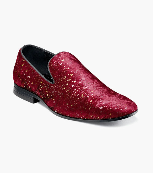 The Stacy Adams STELLAR Plain Toe Glitter Slip On in burgundy features glitter velour specks, a black sole, and memory foam cushioning for enhanced comfort.