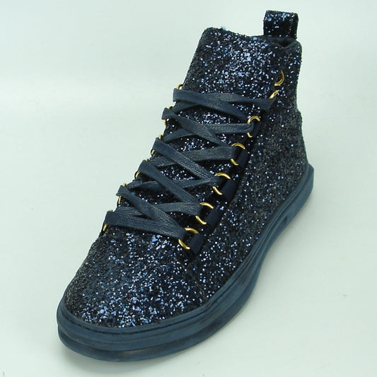 Introducing a fashion-forward creation that marries style and comfort: the FI-2174-2 Navy Glitter Encore by Fiesso—a navy glitter high-top sneaker featuring black laces and a durable rubber sole, inspired by the sleek design of Fiesso Boots. Perfect for those who appreciate men's casual high-top boots with an edge.