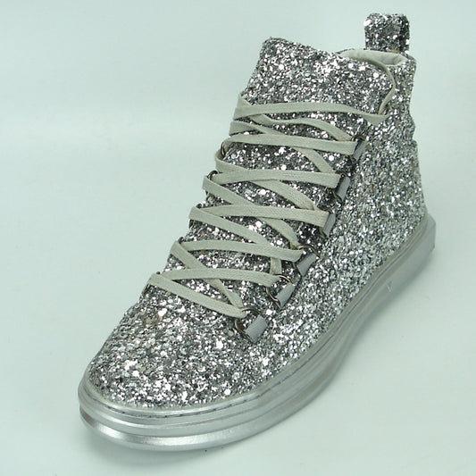 The FI-2174-2 Silver Glitter Encore high-top sneaker by Fiesso combines style and comfort, showcasing dazzling silver glitter with white laces on a light backdrop. This distinctive piece reimagines men's casual high-top boots.